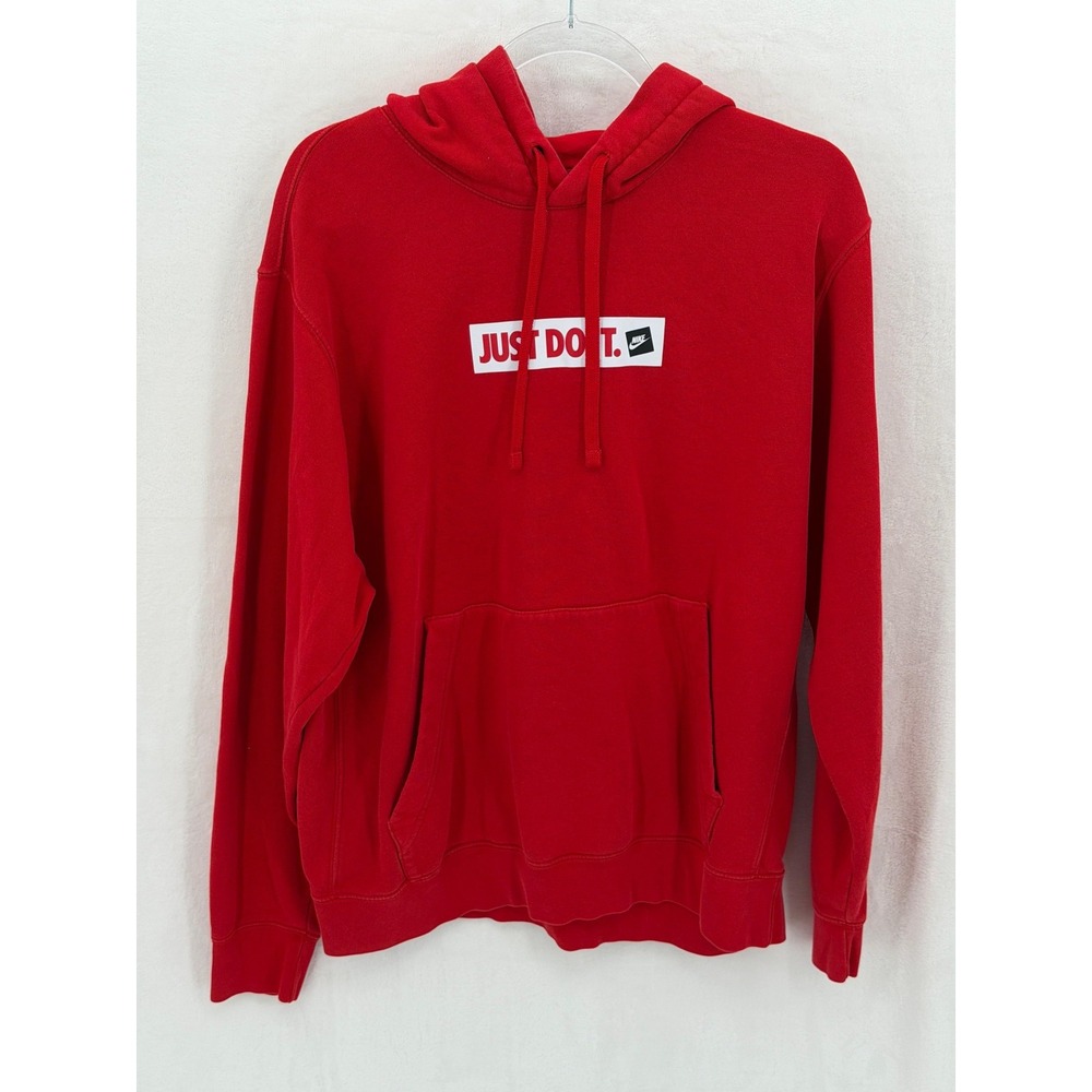 Nike Hoodie Mens Large Red Just Do It Fleece Pullover Sweatshirt Logo Streetwear
